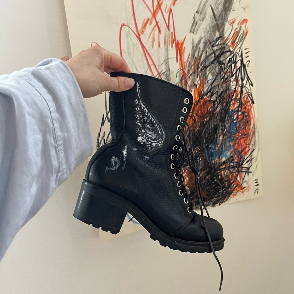 Roots Black Leather Lace-Up Boots with Hand-painted Angel Design